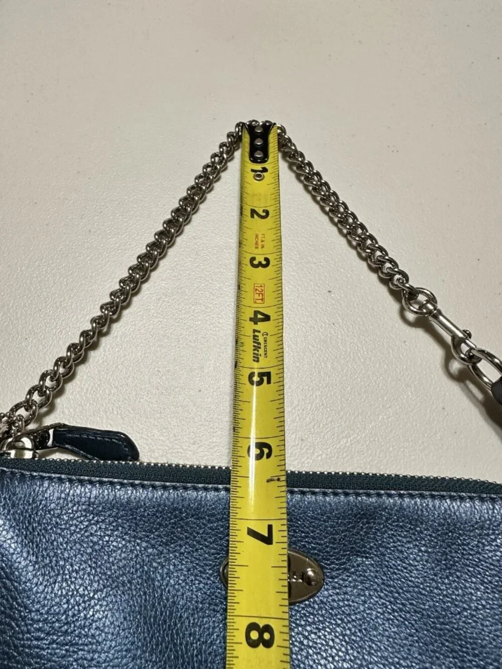 Coach Nolita mini handbag pebbled leather metallic blue chain strap wristlet
